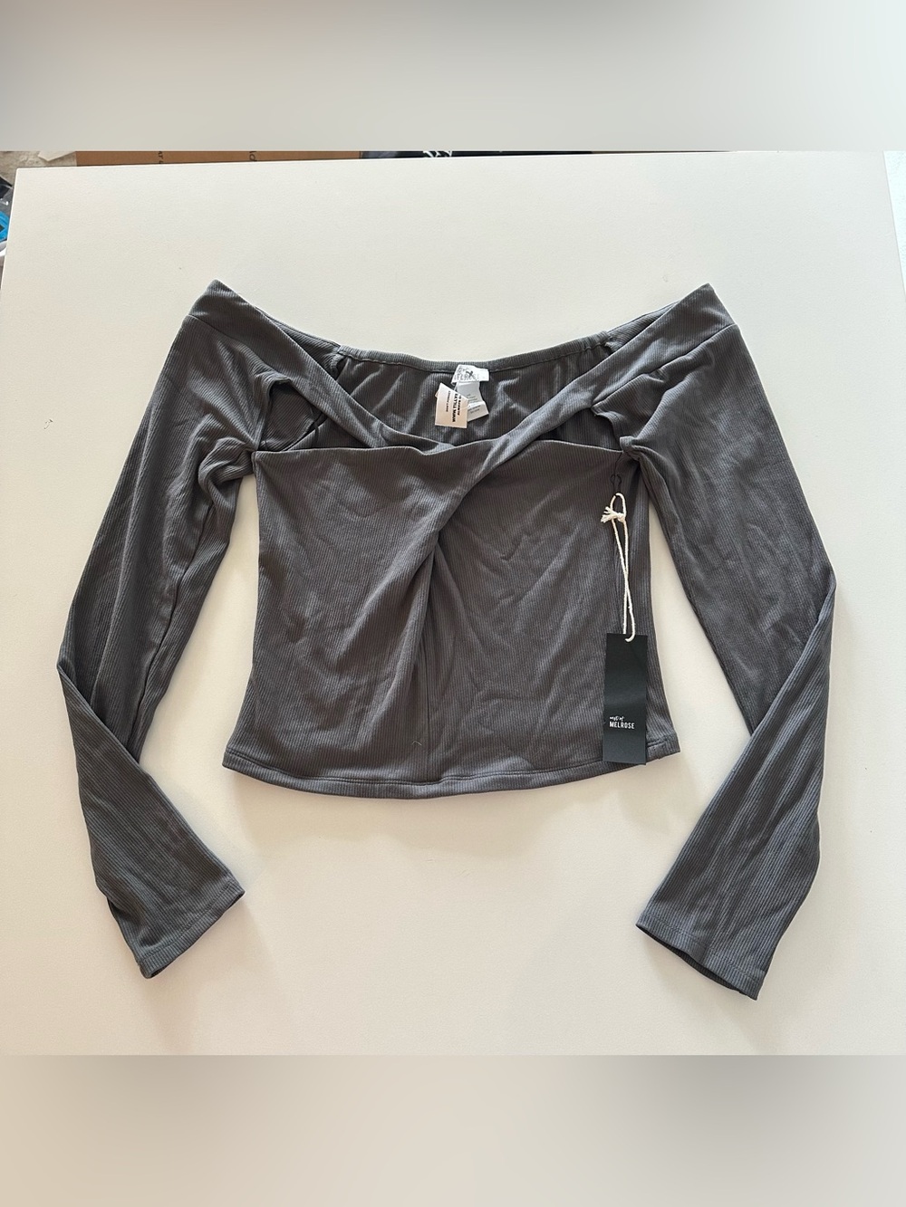 NEW Open Twist Long Sleeve Crop Top Ribbed Grey M Off Shoulder